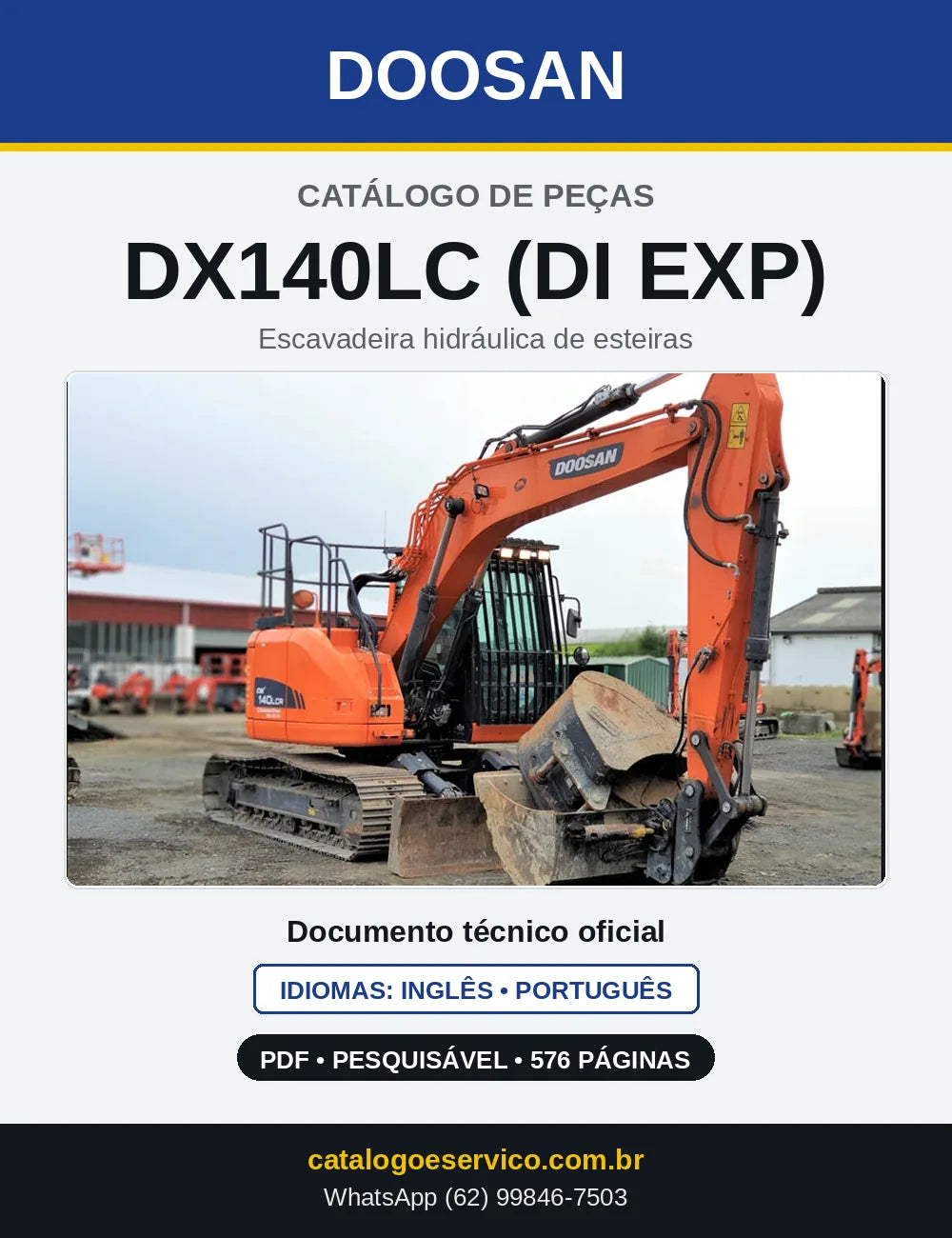 Capa do Catálogo de Peças Doosan DX140LC (DI EXP) em PDF, inglês e português