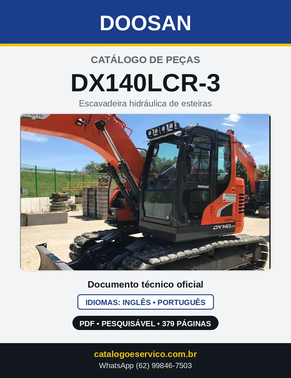 Capa do Catálogo de Peças Doosan DX140LCR-3 em PDF, inglês e português