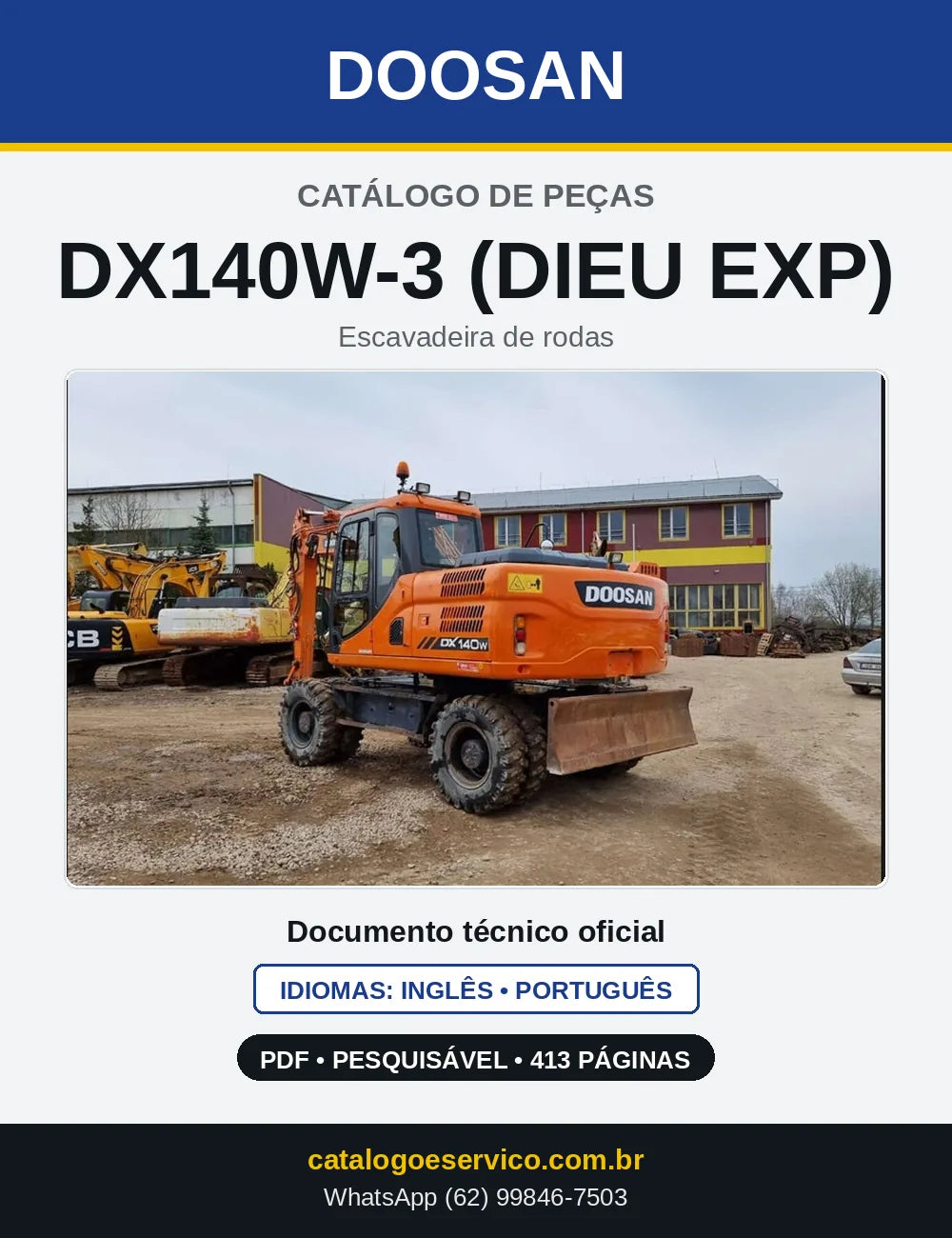Capa do Catálogo de Peças Doosan DX140W-3 (DIEU EXP) em PDF, inglês e português
