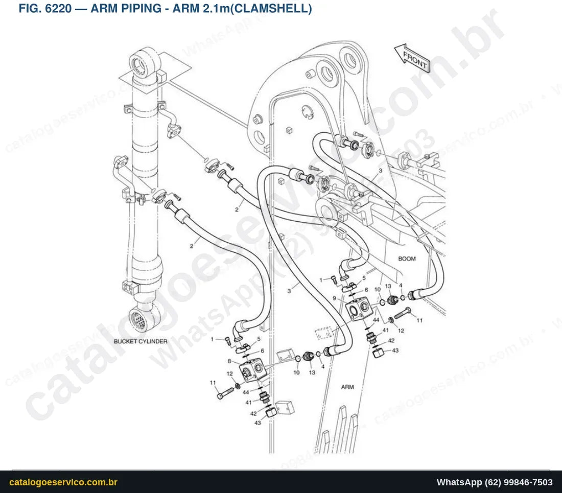 Vista explodida Arm Piping - Arm 2.1M(Clamshell) - Catálogo de Peças Doosan DX140W-3 (DIEU EXP)