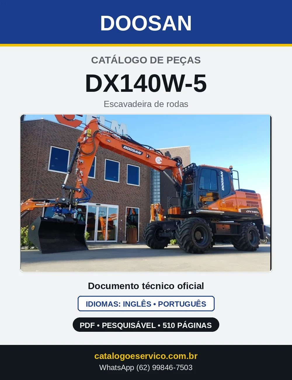 Capa do Catálogo de Peças Doosan DX140W-5 em PDF, inglês e português