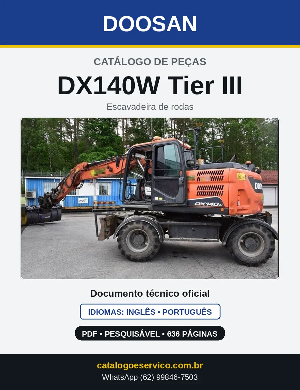 Capa do Catálogo de Peças Doosan DX140W Tier III em PDF, inglês e português