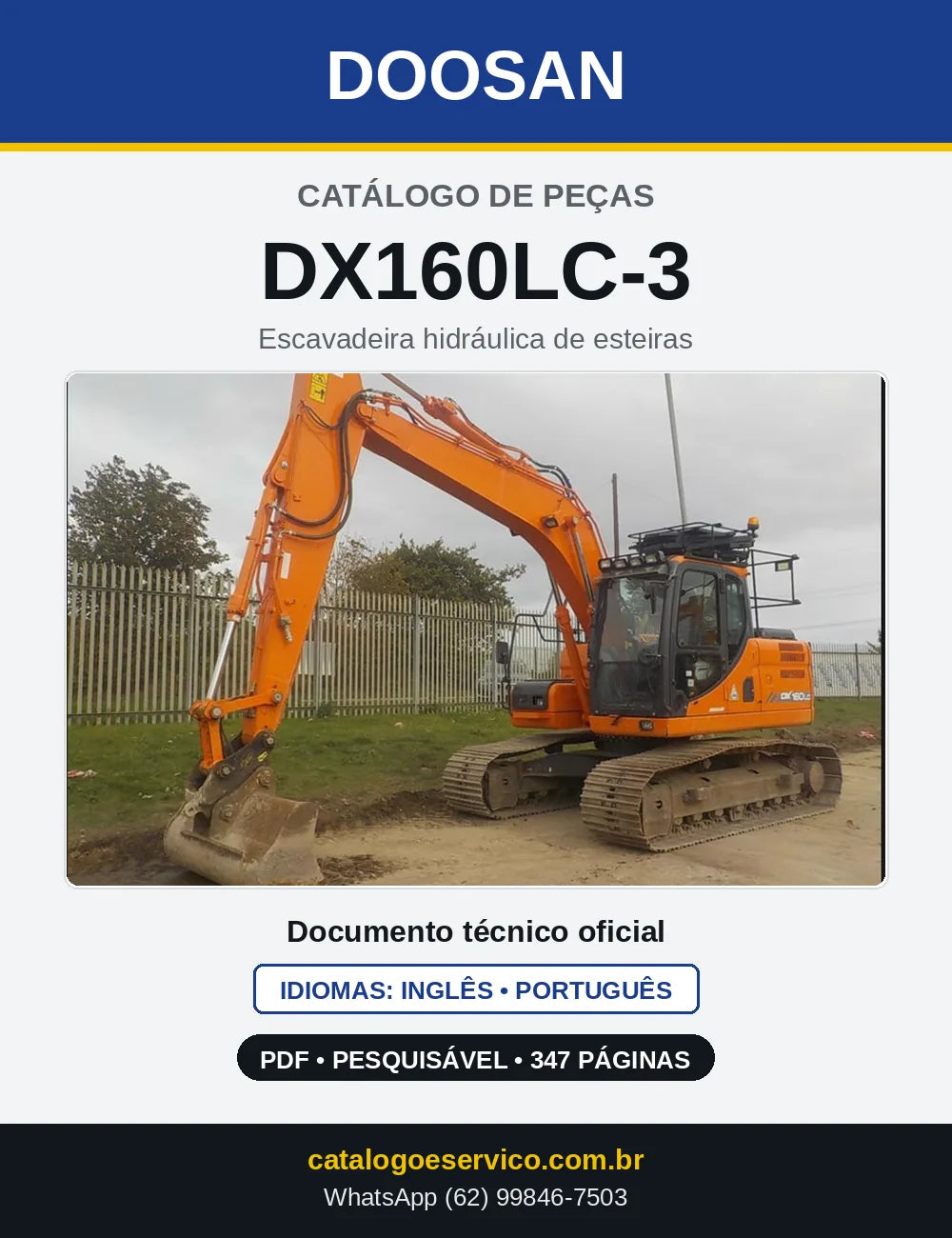 Capa do Catálogo de Peças Doosan DX160LC-3 em PDF, inglês e português