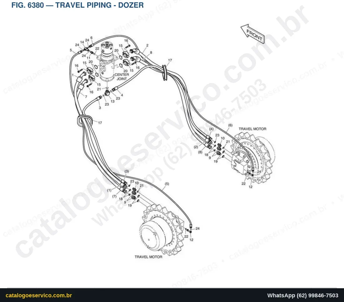 Vista explodida Travel Piping - Dozer - Catálogo de Peças Doosan DX160LC-3
