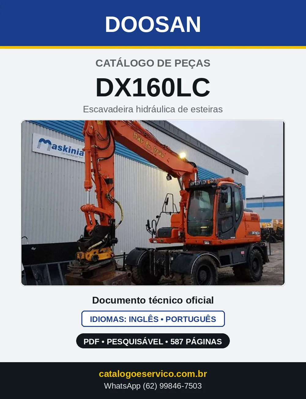 Capa do Catálogo de Peças Doosan DX160LC em PDF, inglês e português