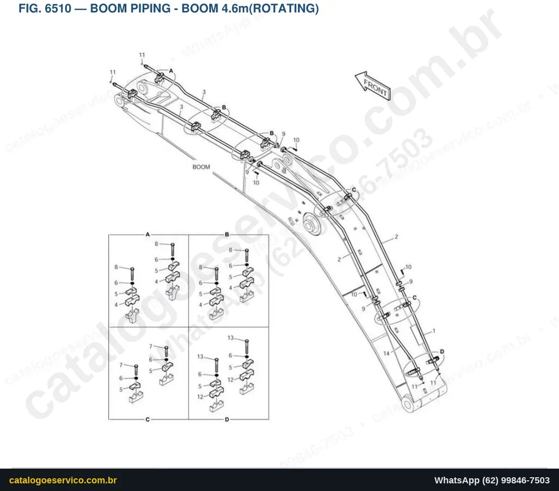Vista explodida Boom Piping - Boom 4.6M(Rotating) - Catálogo de Peças Doosan DX160LC