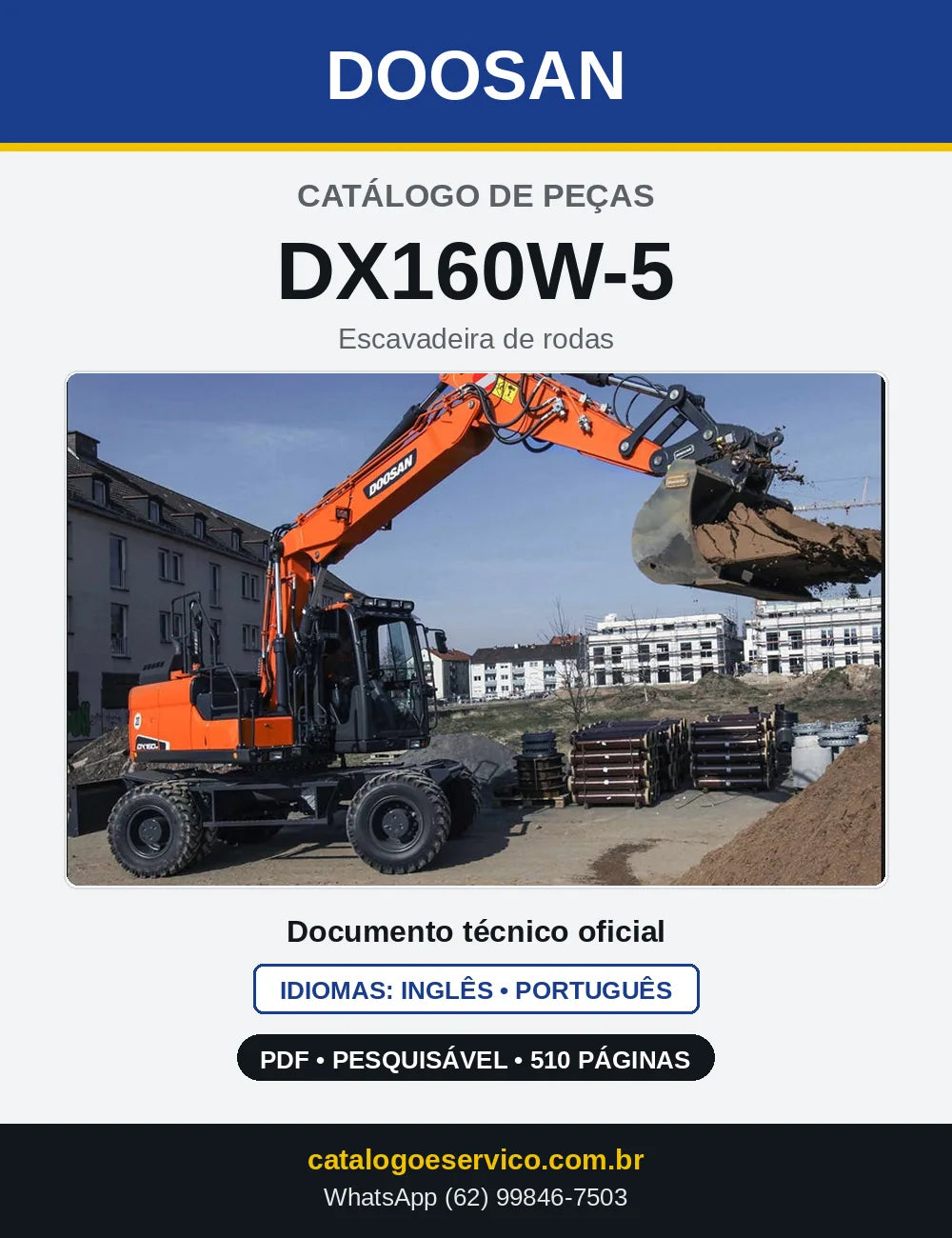Capa do Catálogo de Peças Doosan DX160W-5 em PDF, inglês e português