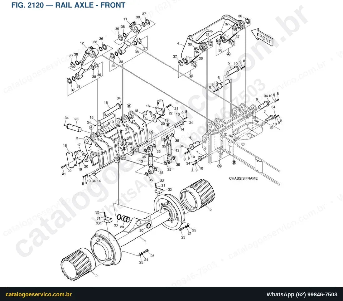 Vista explodida Rail Axle - Front - Catálogo de Peças Doosan DX160W Rail Way