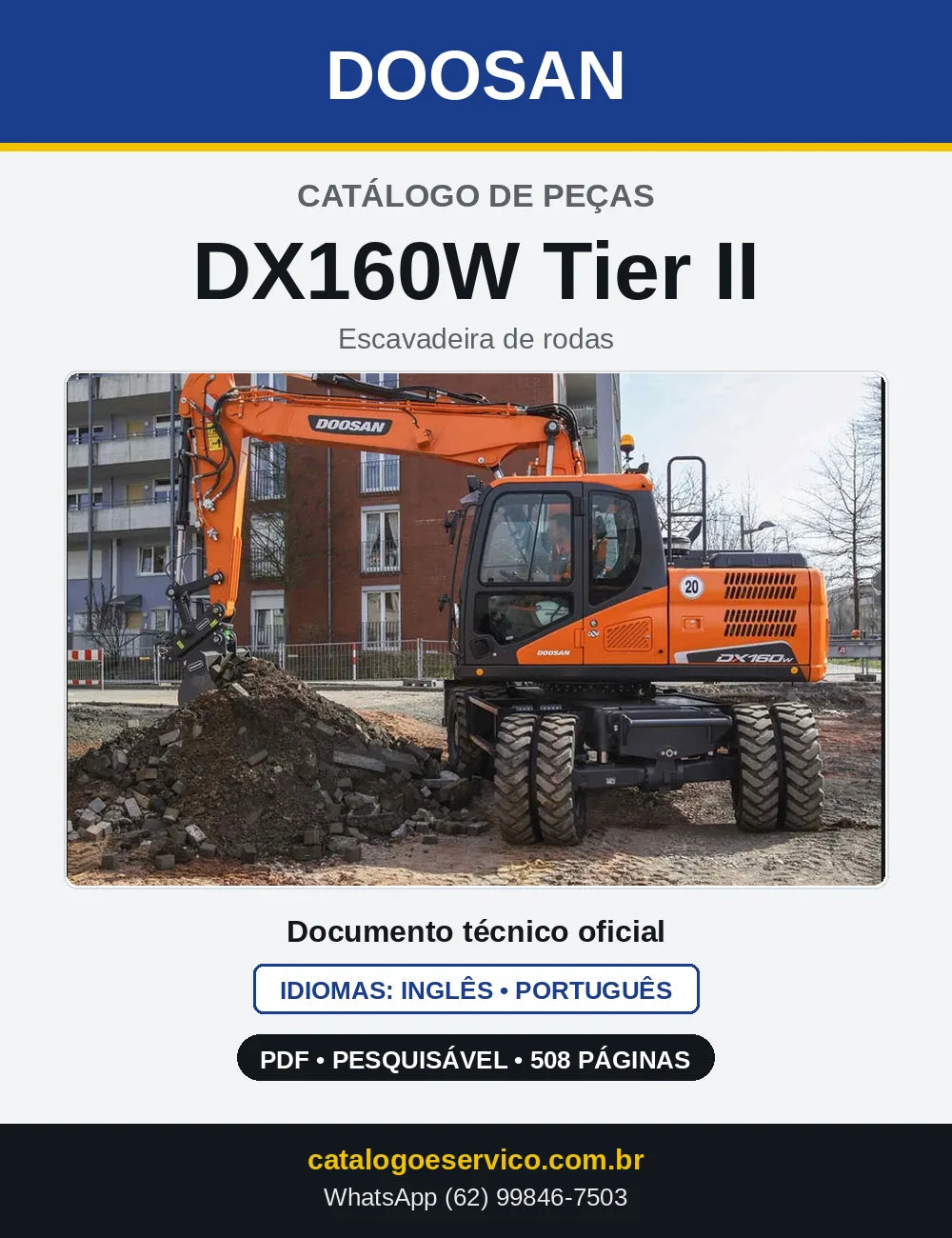 Capa do Catálogo de Peças Doosan DX160W Tier II em PDF, inglês e português
