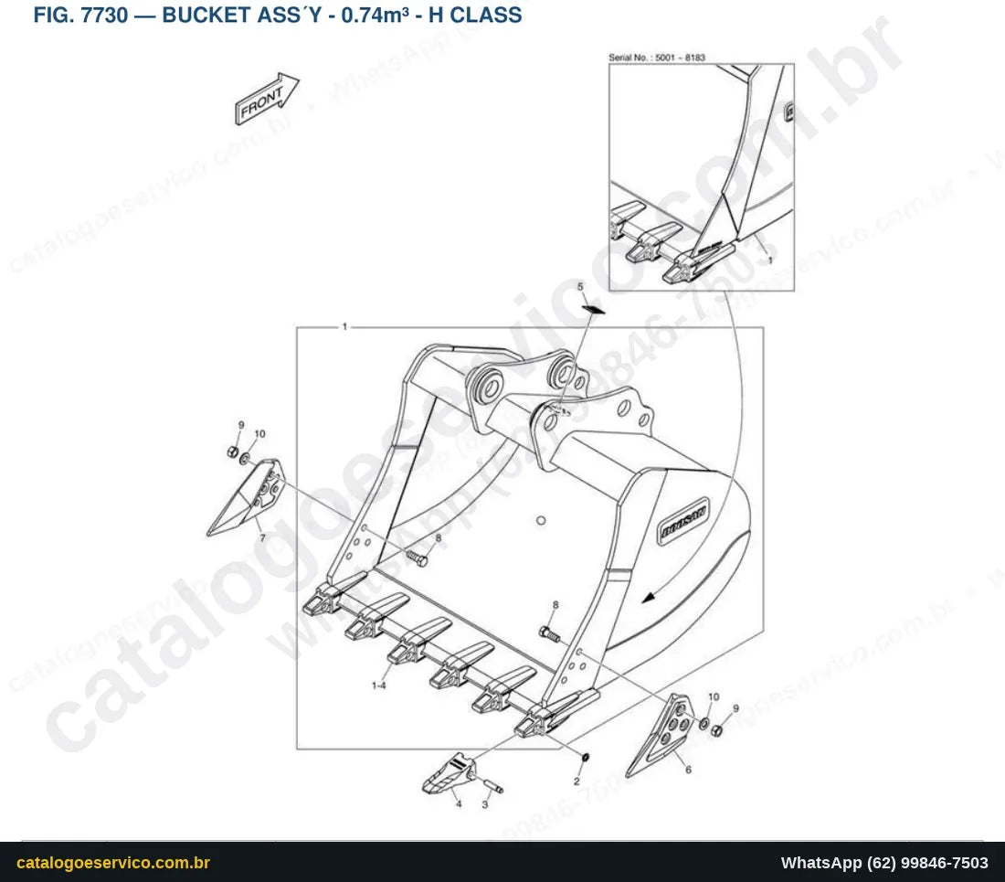 Vista explodida Bucket Ass´Y - 0.74M³ - H Class - Catálogo de Peças Doosan DX160W Tier II