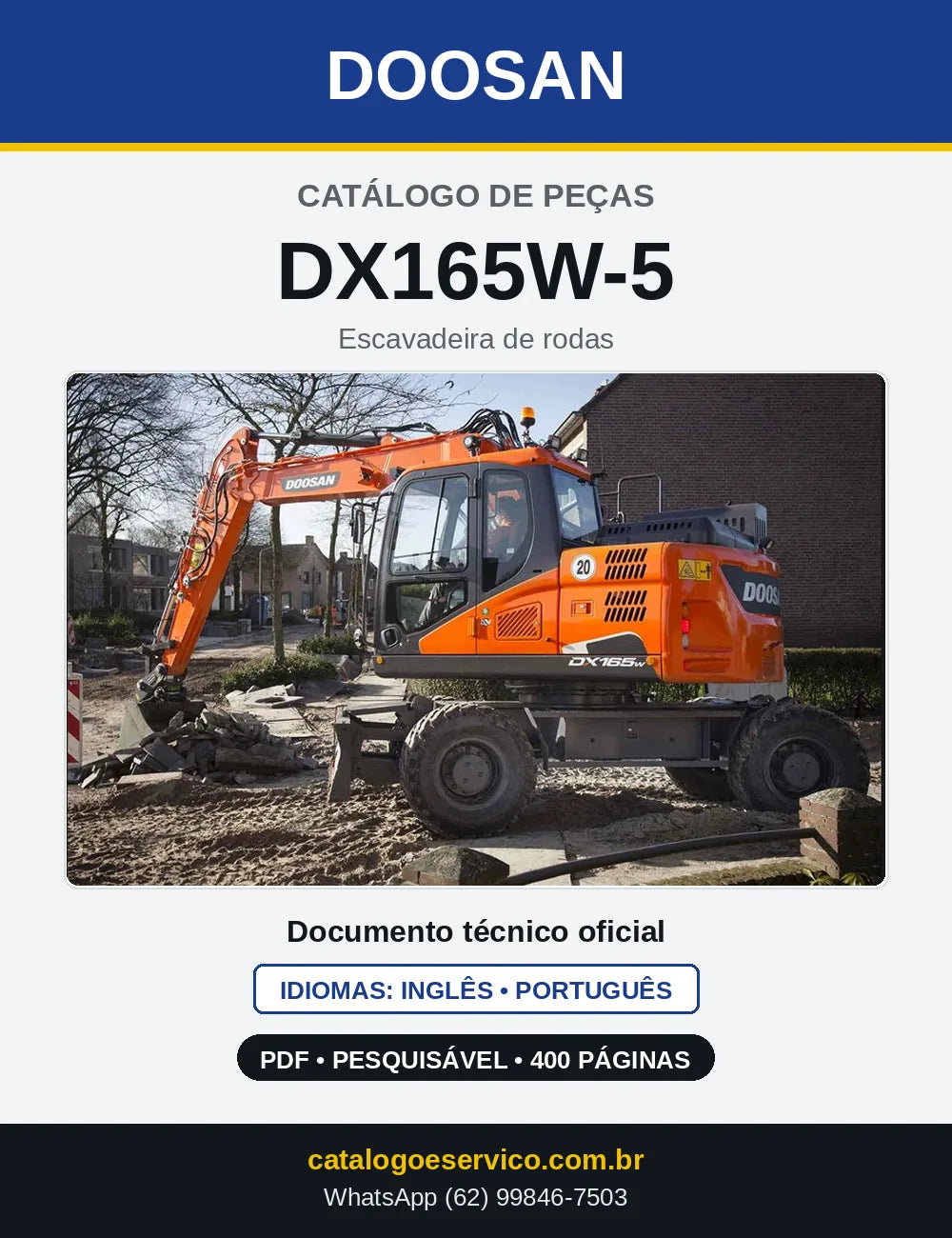 Capa do Catálogo de Peças Doosan DX165W-5 em PDF, inglês e português