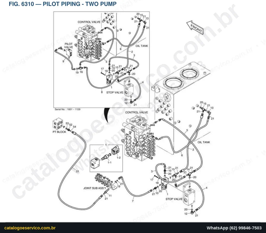 Vista explodida Pilot Piping - Two Pump - Catálogo de Peças Doosan DX170W-5