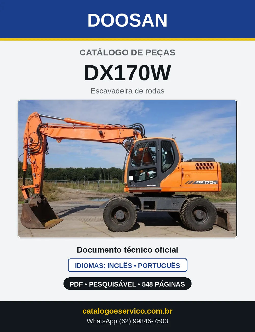 Capa do Catálogo de Peças Doosan DX170W em PDF, inglês e português