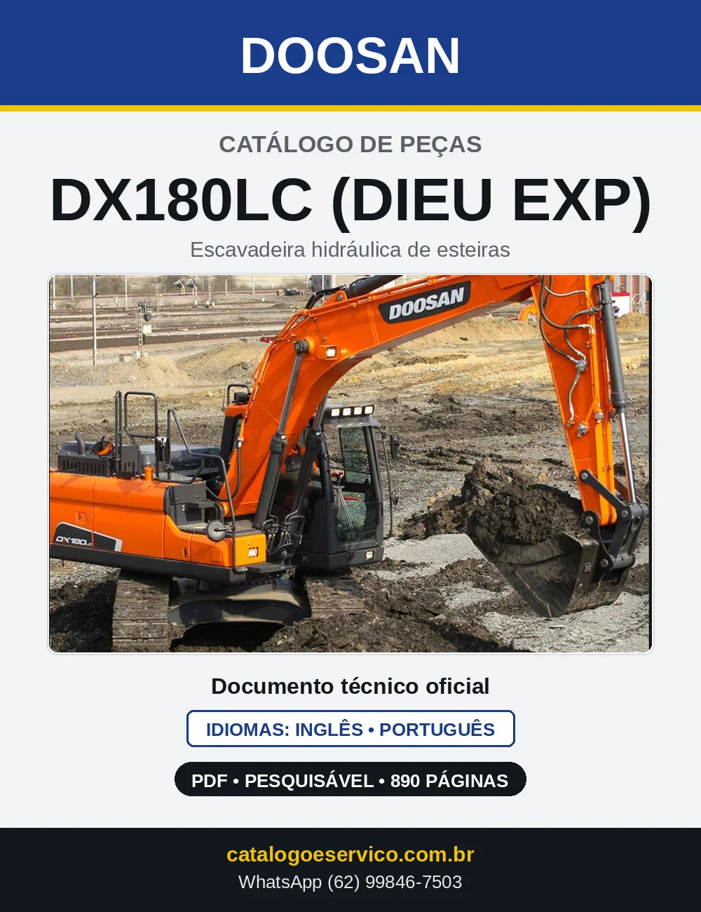 Capa do Catálogo de Peças Doosan DX180LC (DIEU EXP) em PDF, inglês e português