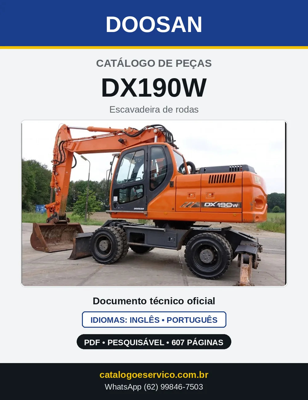 Capa do Catálogo de Peças Doosan DX190W em PDF, inglês e português