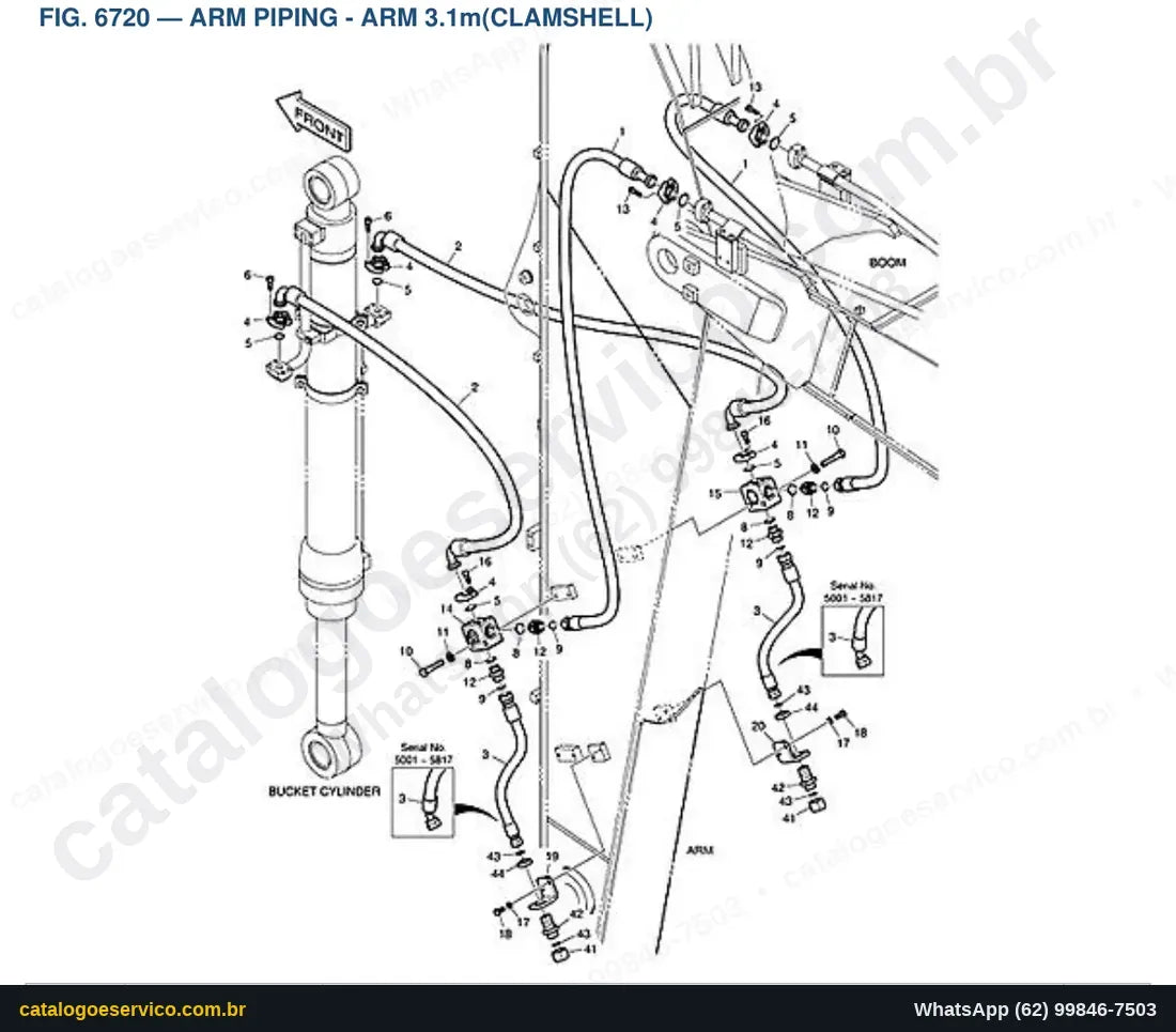 Vista explodida Arm Piping - Arm 3.1M(Clamshell) - Catálogo de Peças Doosan DX190W