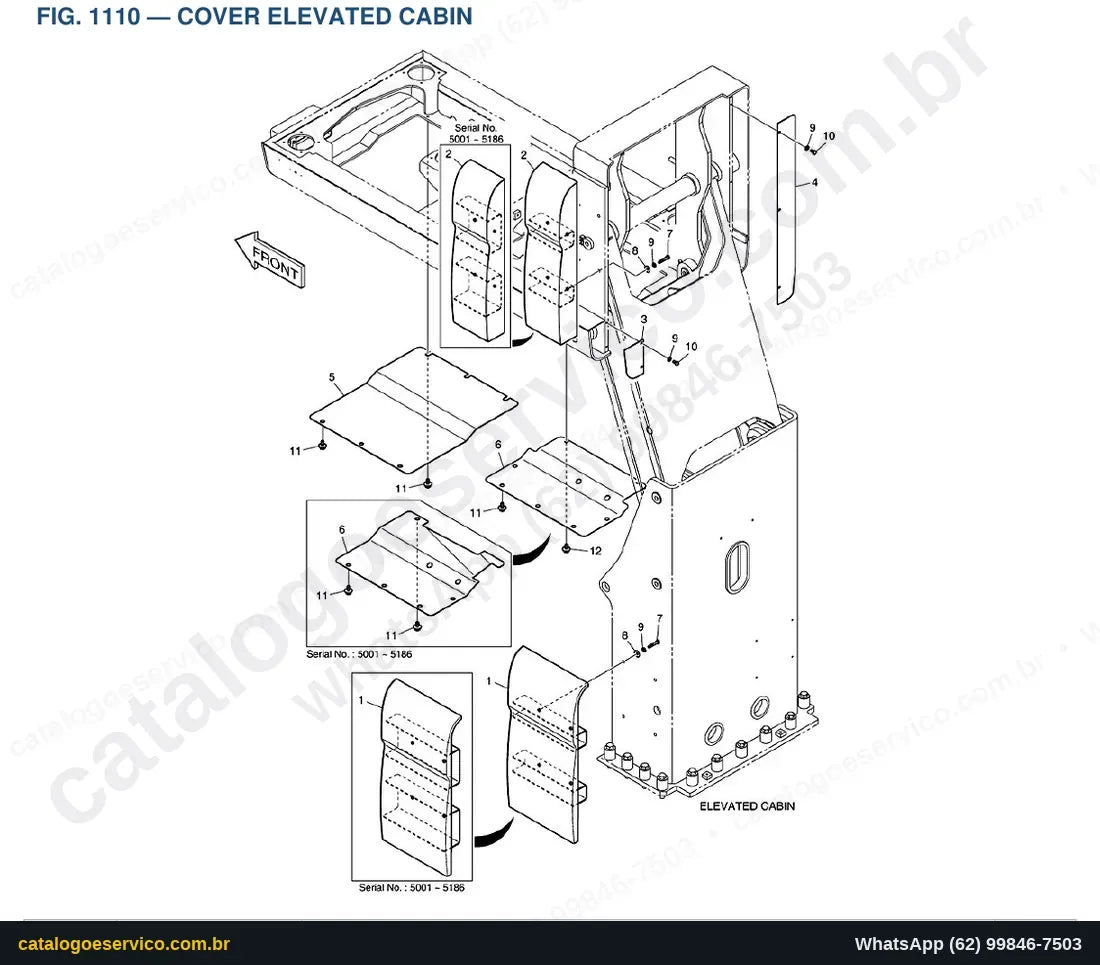 Vista explodida Cover Elevated Cabin - Catálogo de Peças Doosan DX190W Material