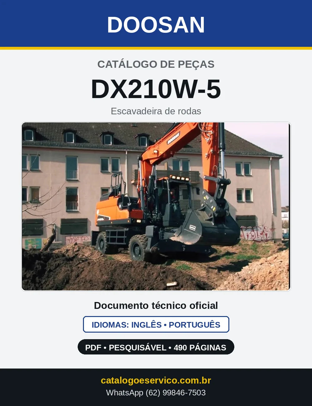Capa do Catálogo de Peças Doosan DX210W-5 em PDF, inglês e português