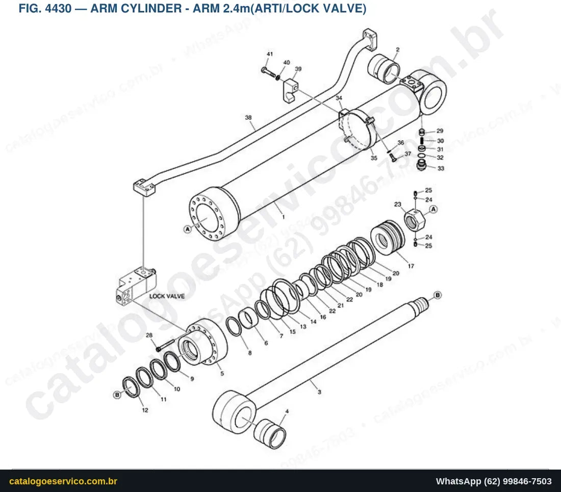 Vista explodida Arm Cylinder - Arm 2.4M(Arti/Lock Valve) - Catálogo de Peças Doosan DX210W-5