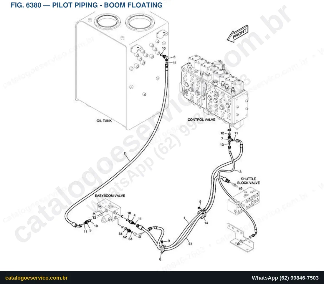 Vista explodida Pilot Piping - Boom Floating - Catálogo de Peças Doosan DX210W-5