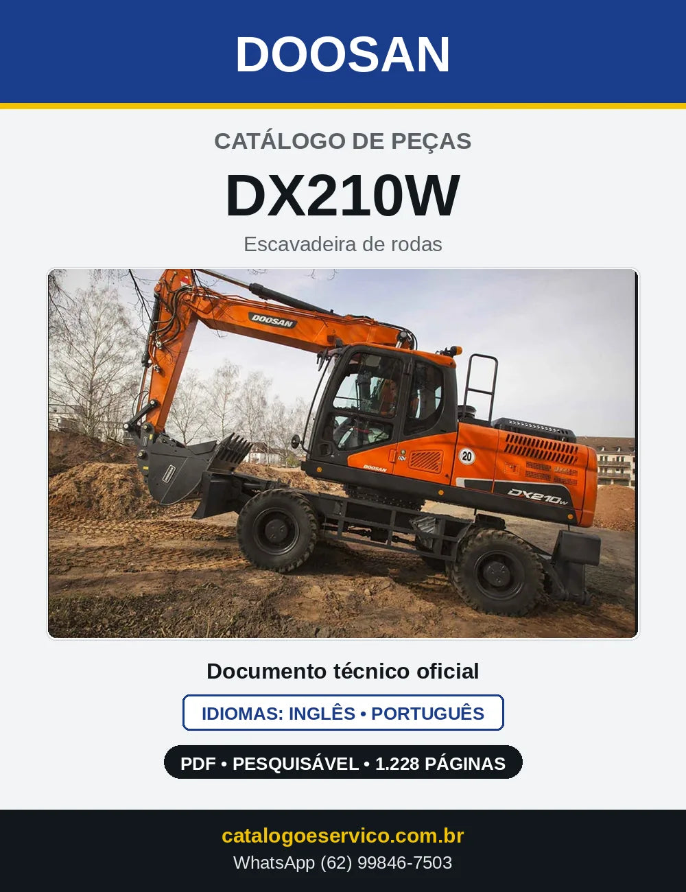 Capa do Catálogo de Peças Doosan DX210W em PDF, inglês e português