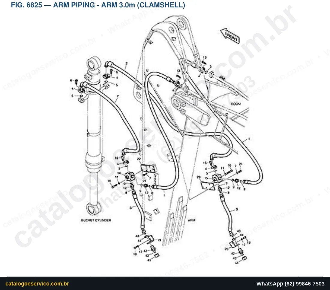 Vista explodida Arm Piping - Arm 3.0M (Clamshell) - Catálogo de Peças Doosan DX210W
