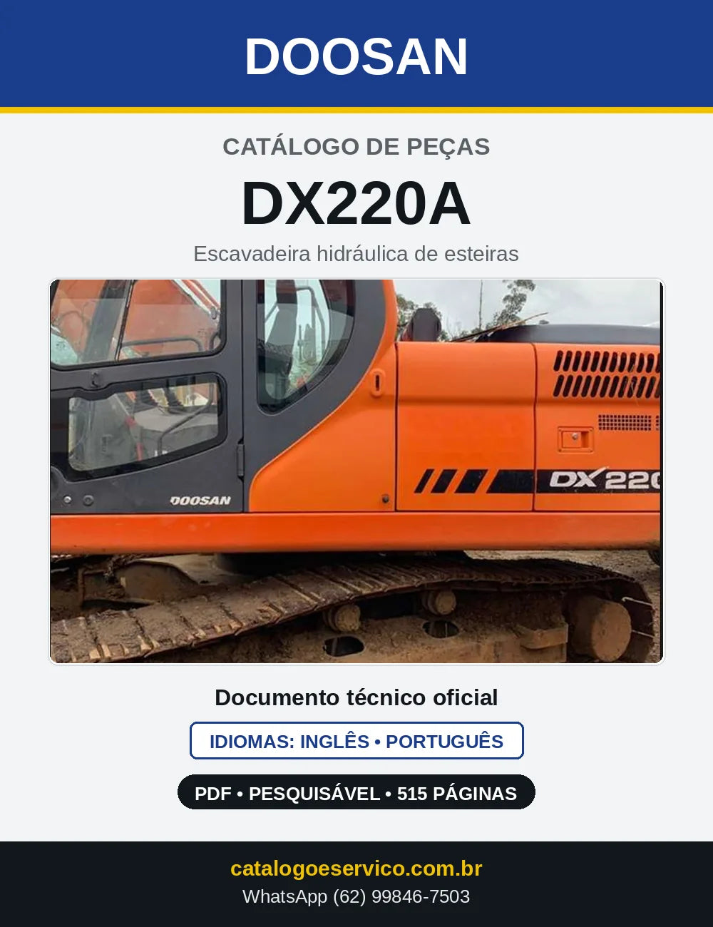Capa do Catálogo de Peças Doosan DX220A em PDF, inglês e português