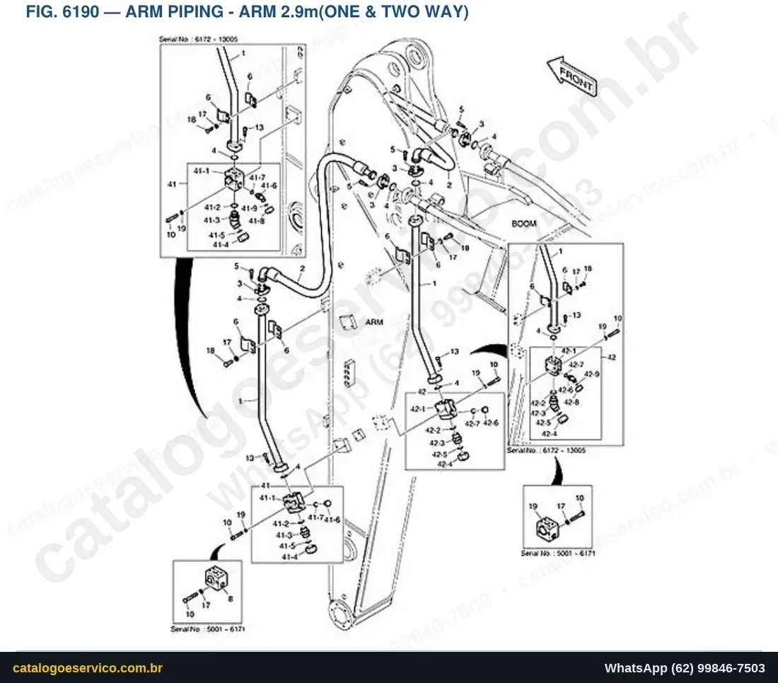 Vista explodida Arm Piping - Arm 2.9M(One & Two Way) - Catálogo de Peças Doosan DX220A