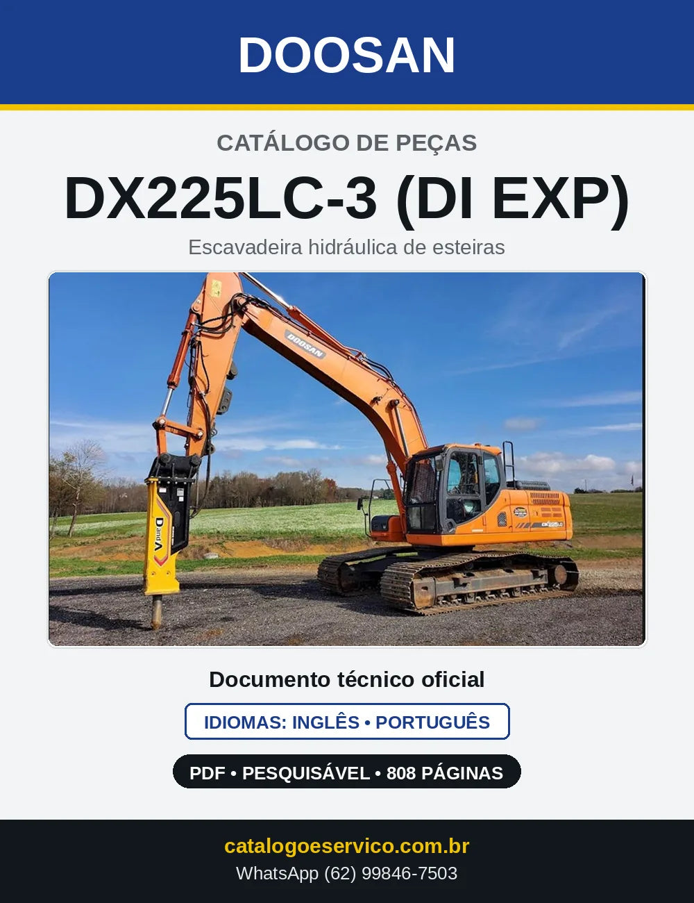 Capa do Catálogo de Peças Doosan DX225LC-3 (DI EXP) em PDF, inglês e português