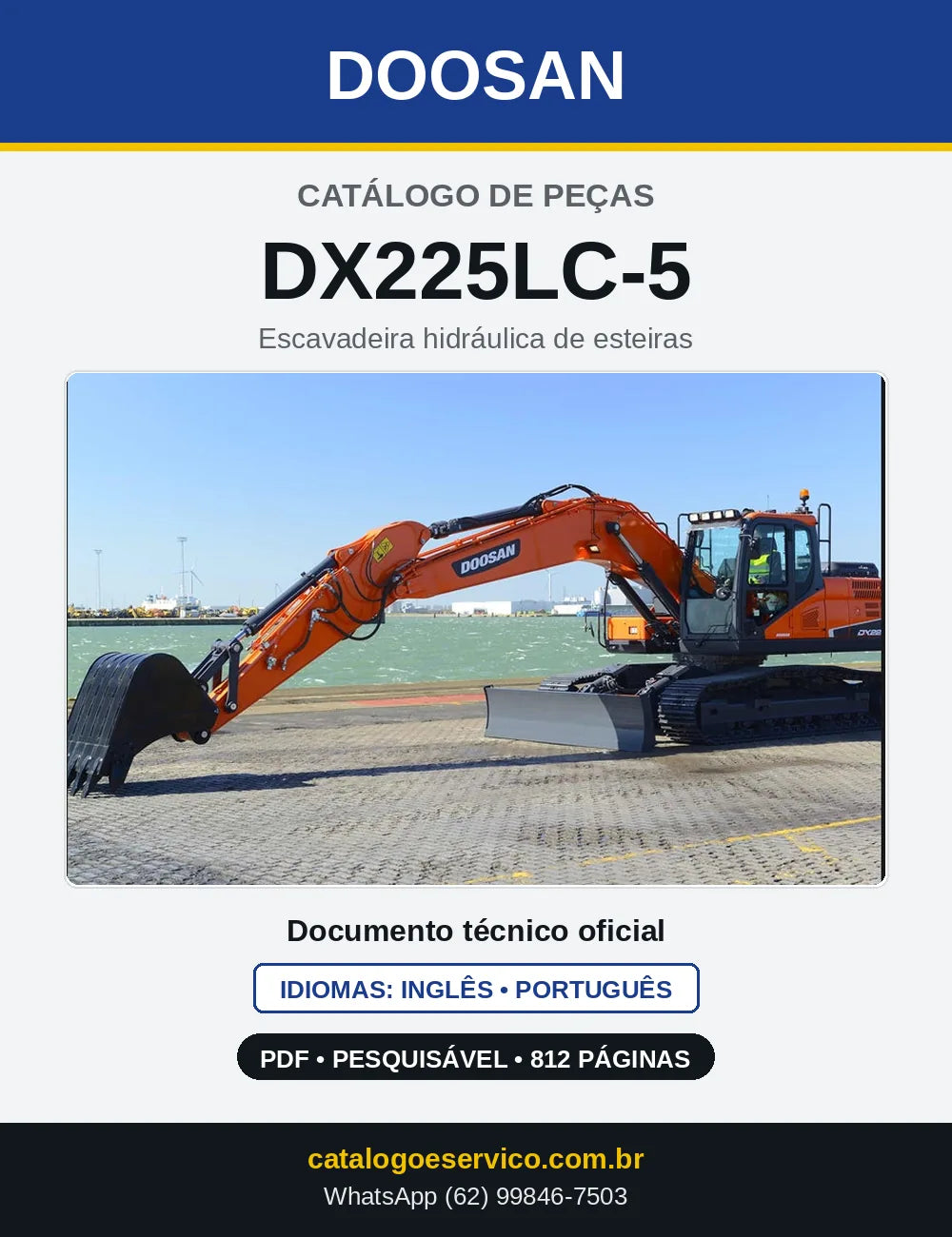 Capa do Catálogo de Peças Doosan DX225LC-5 em PDF, inglês e português