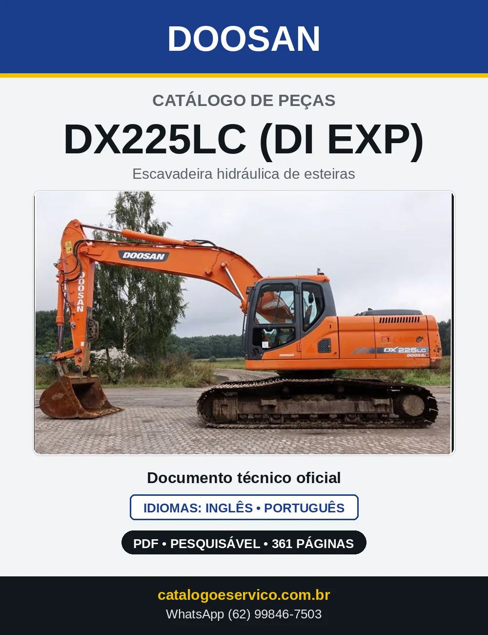Capa do Catálogo de Peças Doosan DX225LC (DI EXP) em PDF, inglês e português