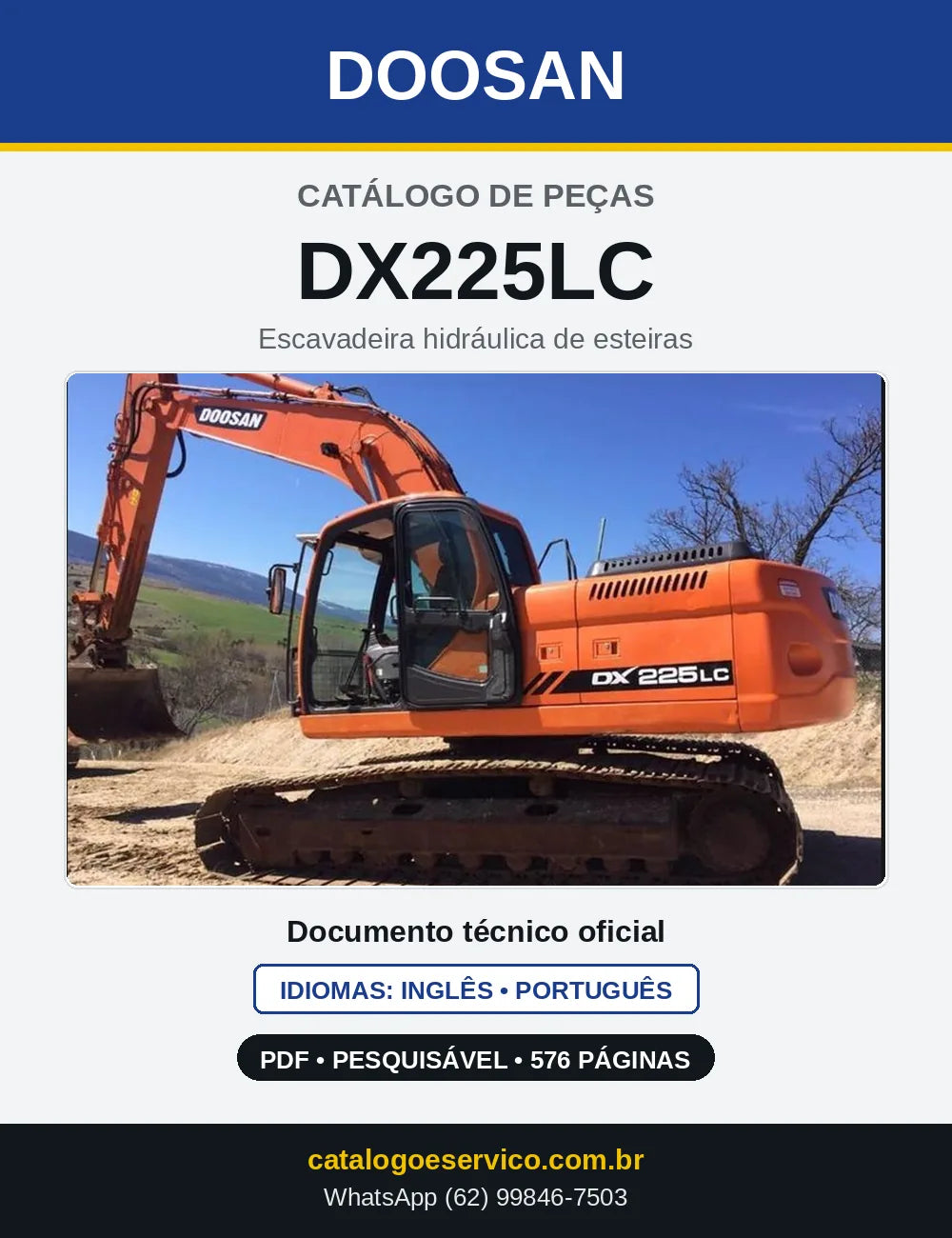 Capa do Catálogo de Peças Doosan DX225LC em PDF, inglês e português