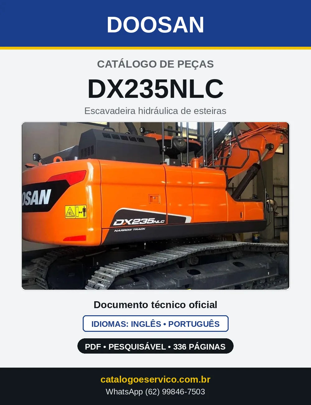 Capa do Catálogo de Peças Doosan DX235NLC em PDF, inglês e português