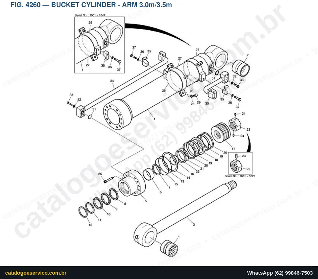 Vista explodida Bucket Cylinder - Arm 3.0M/3.5M - Catálogo de Peças Doosan DX255LC-3 (DI EXP)
