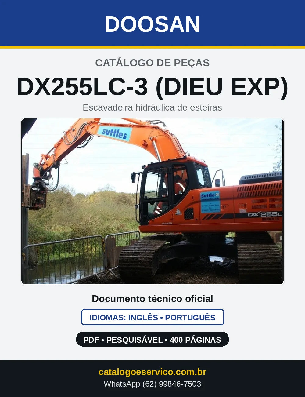 Capa do Catálogo de Peças Doosan DX255LC-3 (DIEU EXP) em PDF, inglês e português