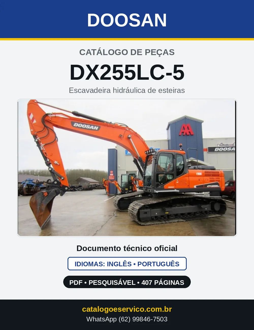 Capa do Catálogo de Peças Doosan DX255LC-5 em PDF, inglês e português