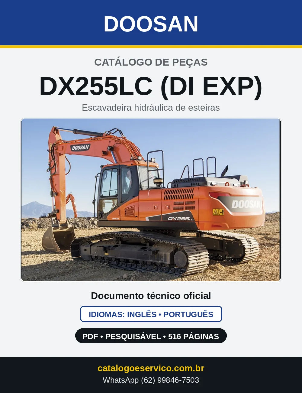 Capa do Catálogo de Peças Doosan DX255LC (DI EXP) em PDF, inglês e português