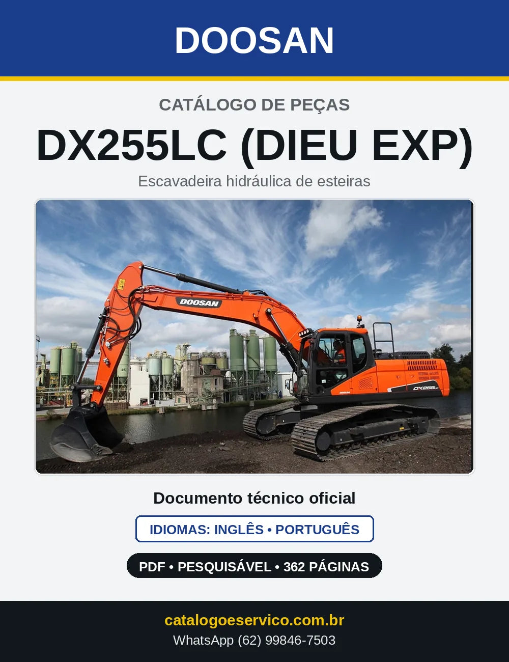 Capa do Catálogo de Peças Doosan DX255LC (DIEU EXP) em PDF, inglês e português