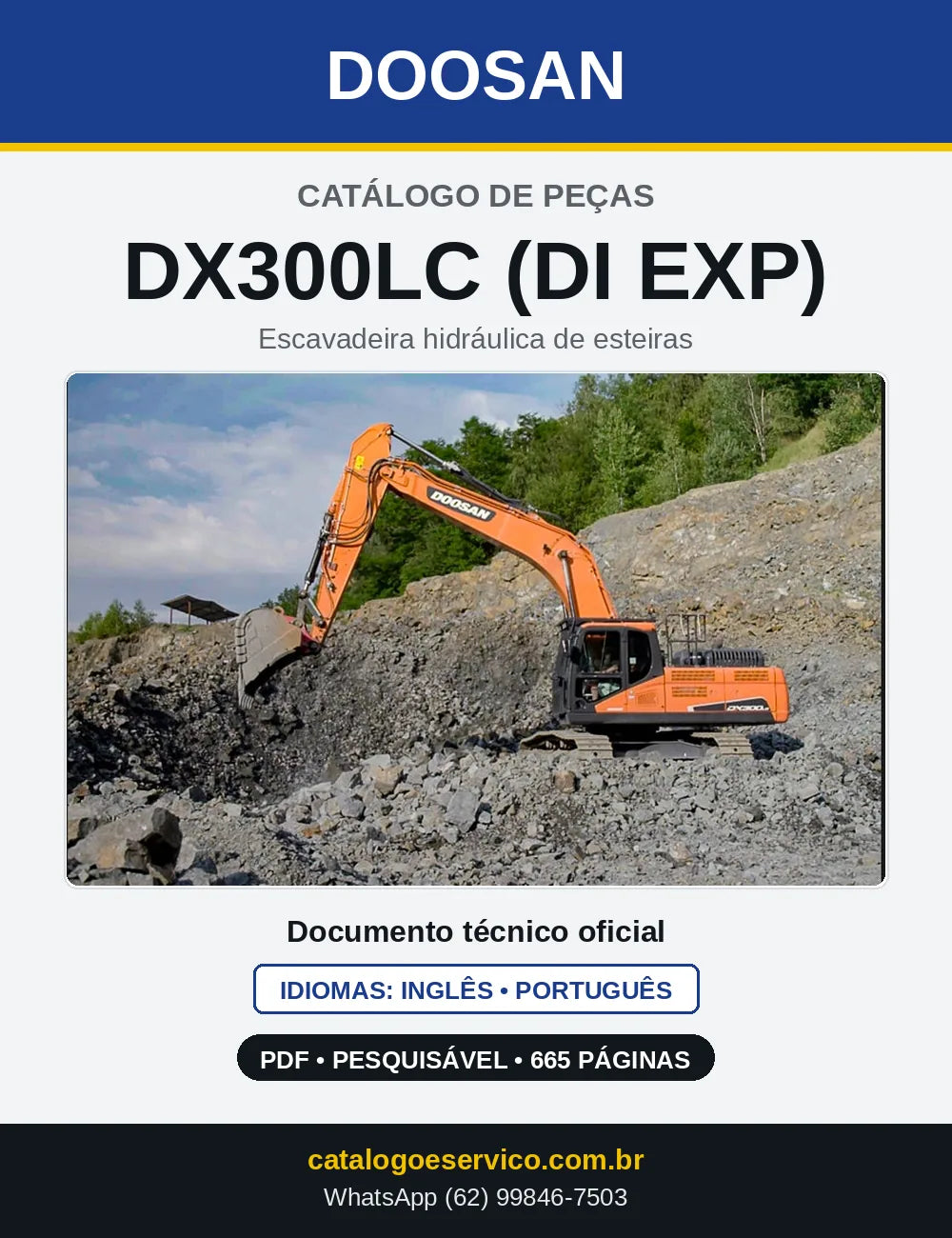 Capa do Catálogo de Peças Doosan DX300LC (DI EXP) em PDF, inglês e português