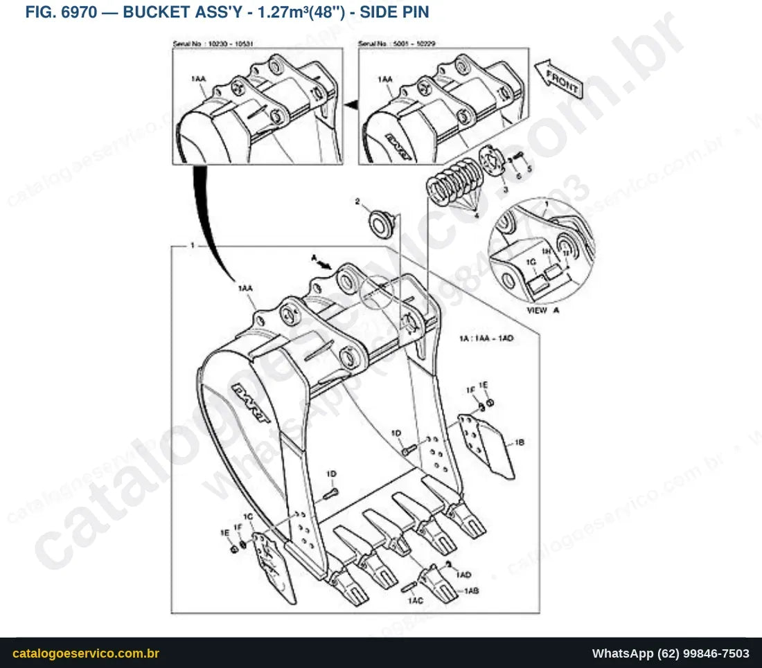 Vista explodida Bucket Ass'Y - 1.27M³(48") - Side Pin - Catálogo de Peças Doosan DX300LC (DI EXP)