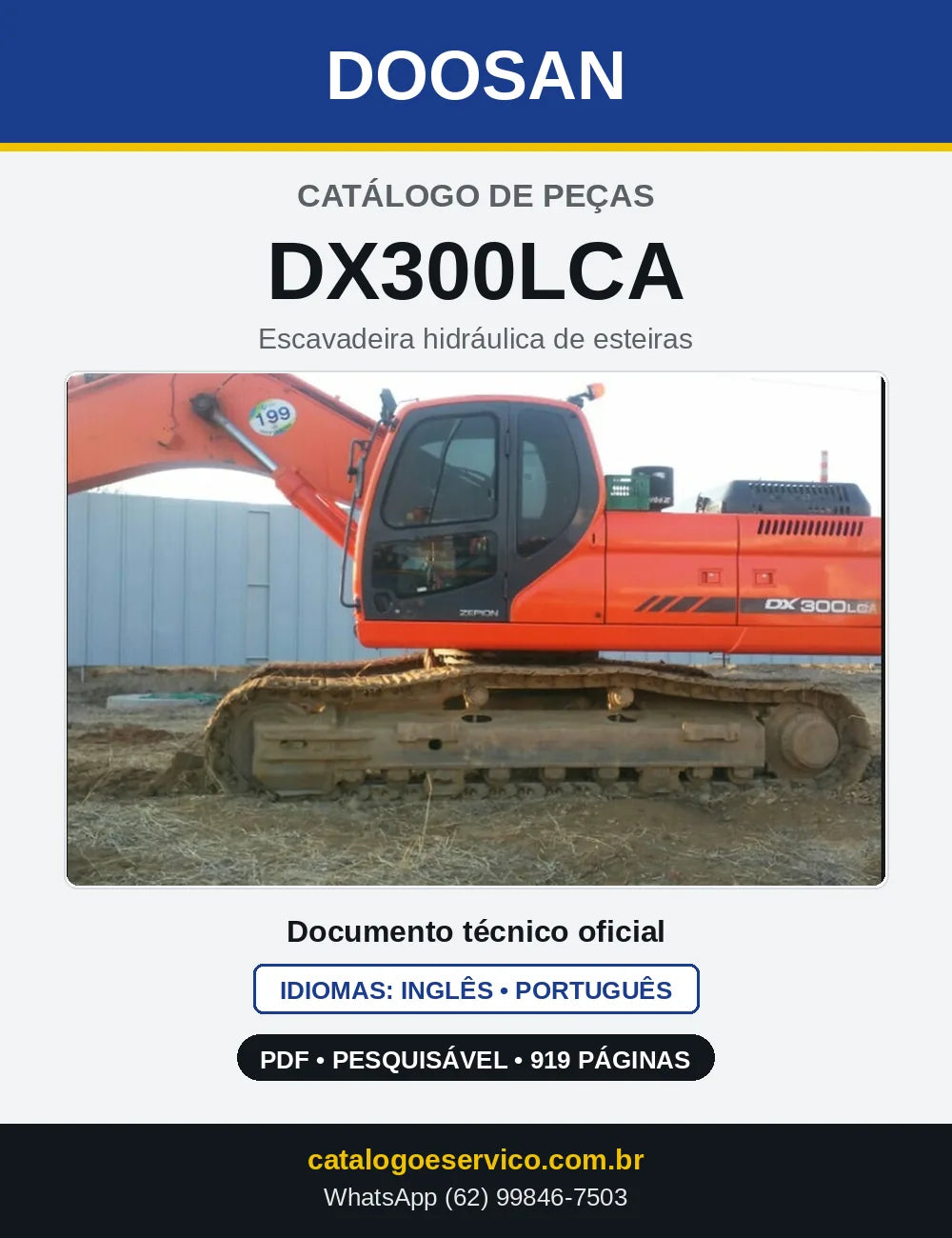 Capa do Catálogo de Peças Doosan DX300LCA em PDF, inglês e português