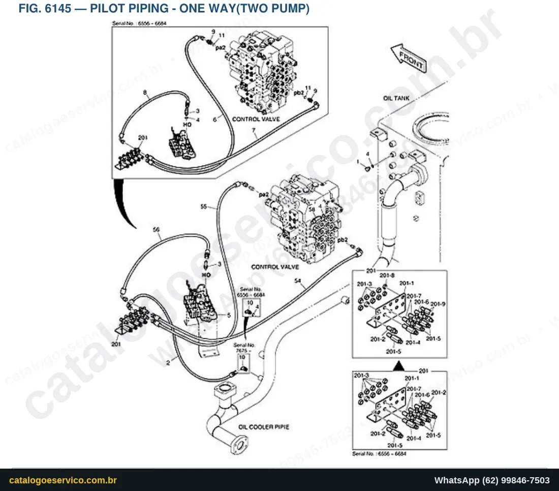 Vista explodida Pilot Piping - One Way(Two Pump) - Catálogo de Peças Doosan DX300LCA