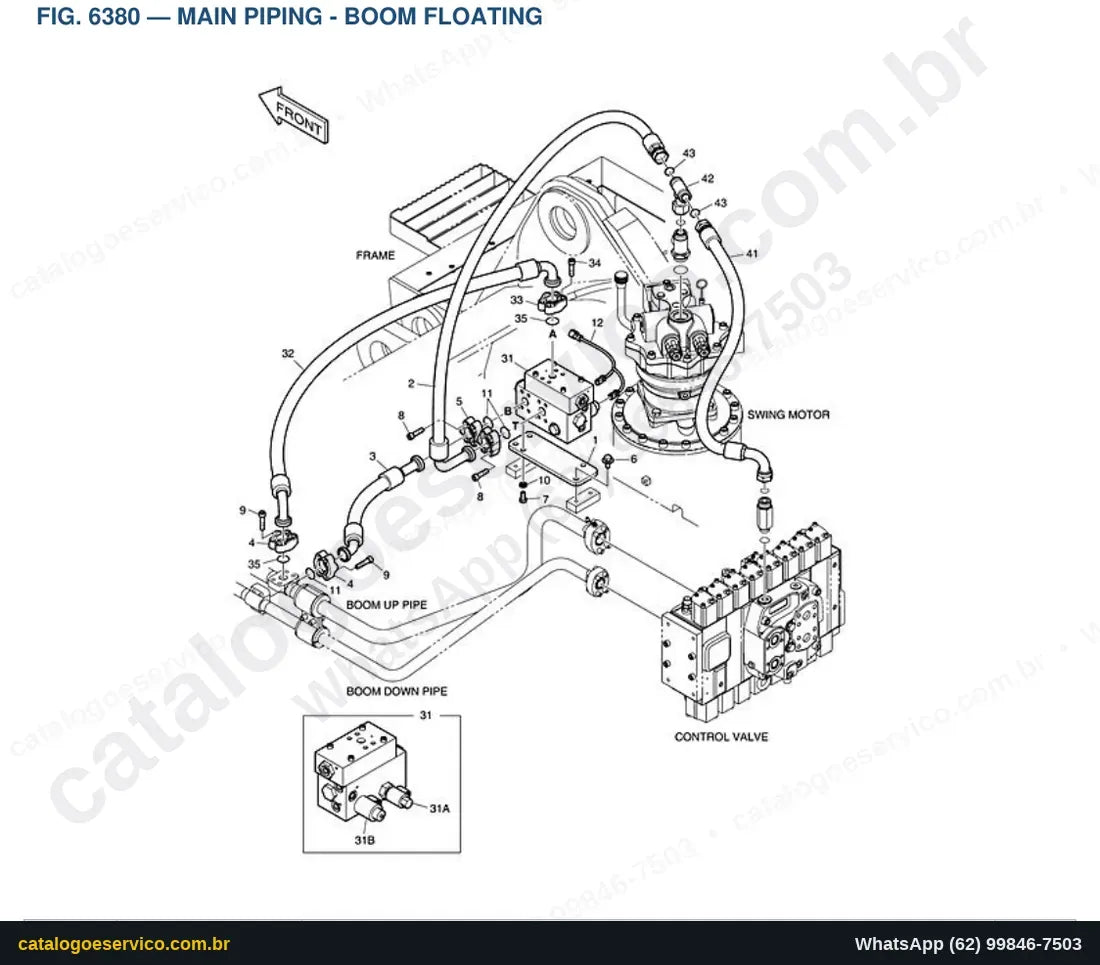 Vista explodida Main Piping - Boom Floating - Catálogo de Peças Doosan DX340LC-3