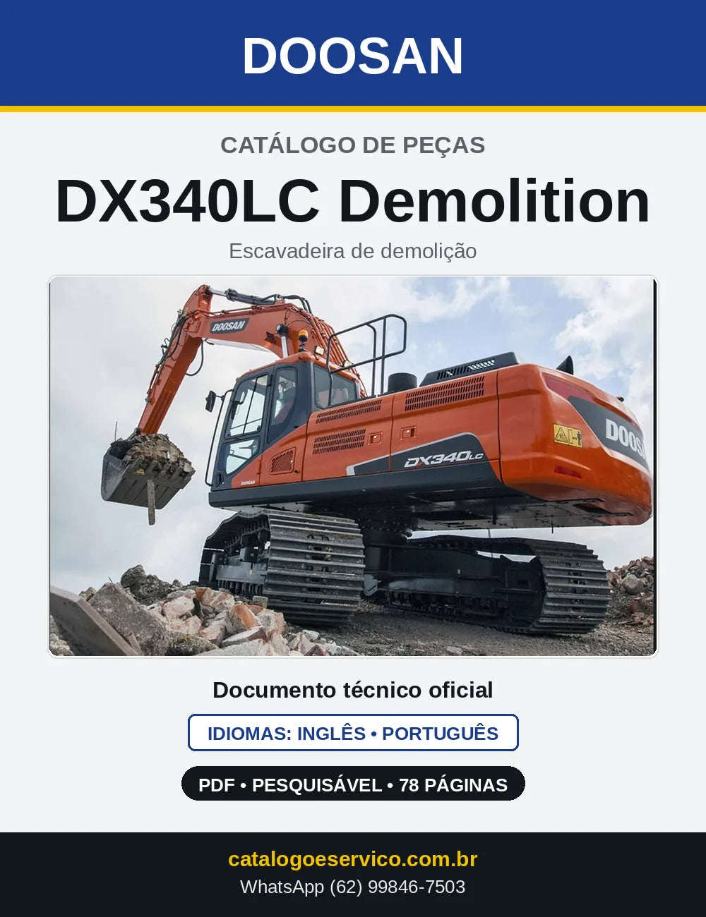 Capa do Catálogo de Peças Doosan DX340LC Demolition em PDF, inglês e português