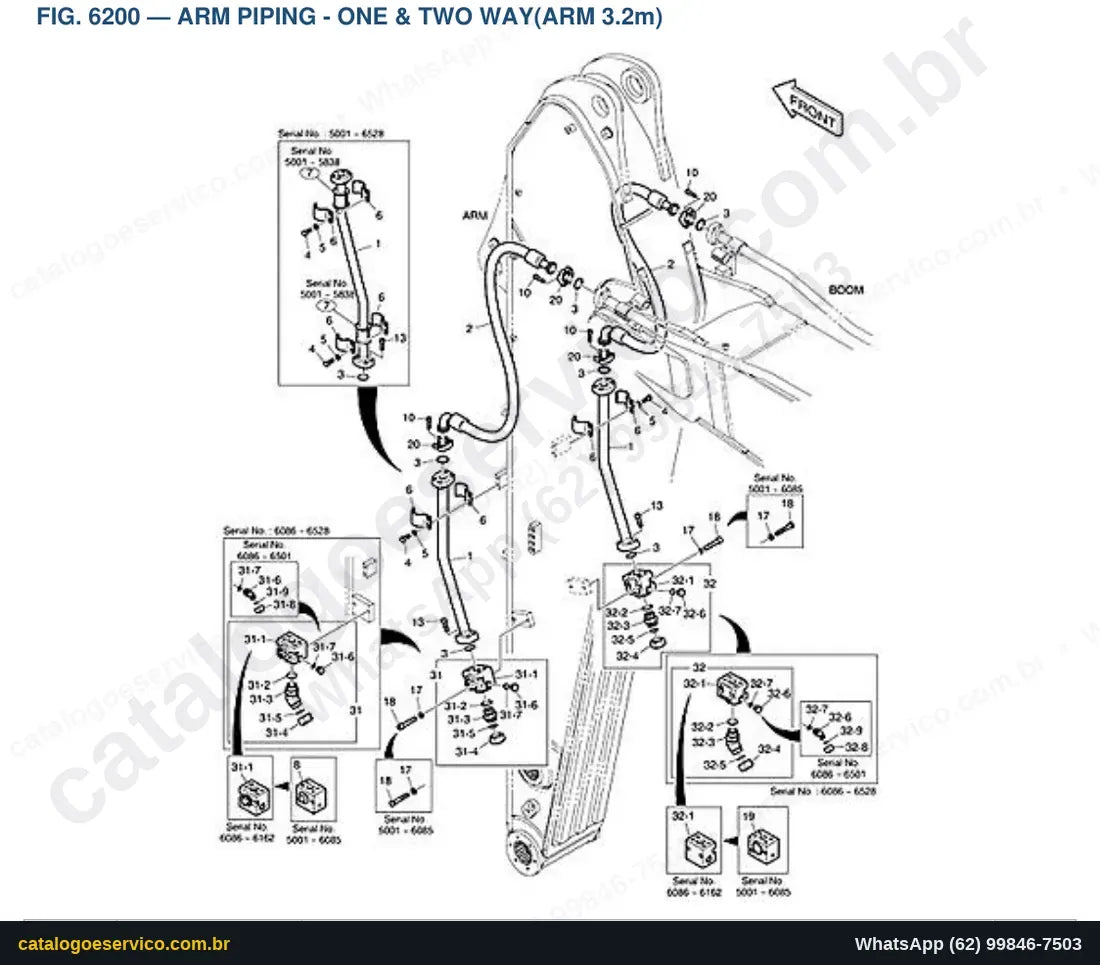 Vista explodida Arm Piping - One & Two Way(Arm 3.2M) - Catálogo de Peças Doosan DX340LC