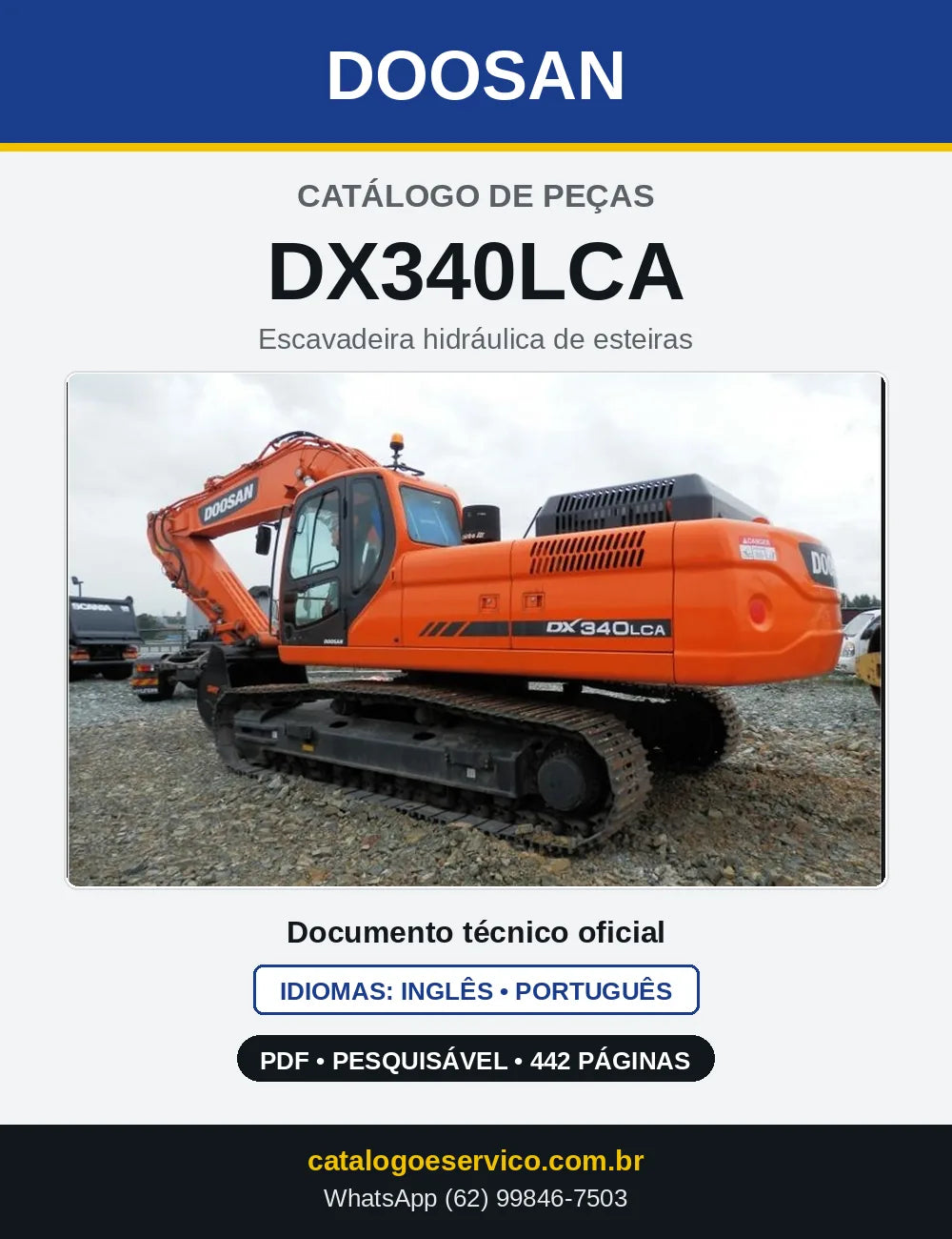 Capa do Catálogo de Peças Doosan DX340LCA em PDF, inglês e português