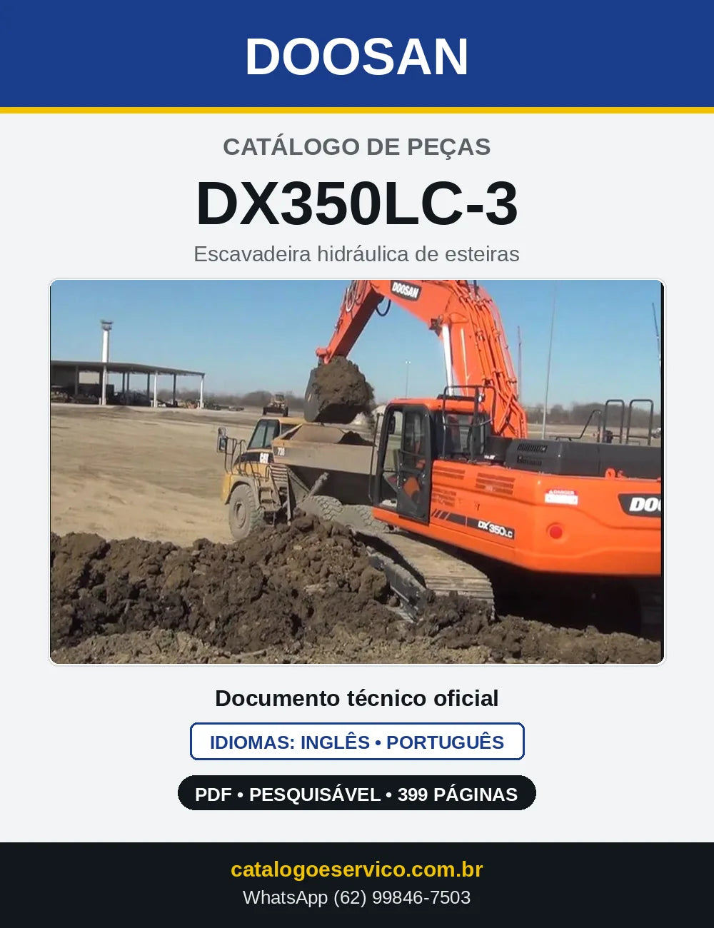 Capa do Catálogo de Peças Doosan DX350LC-3 em PDF, inglês e português