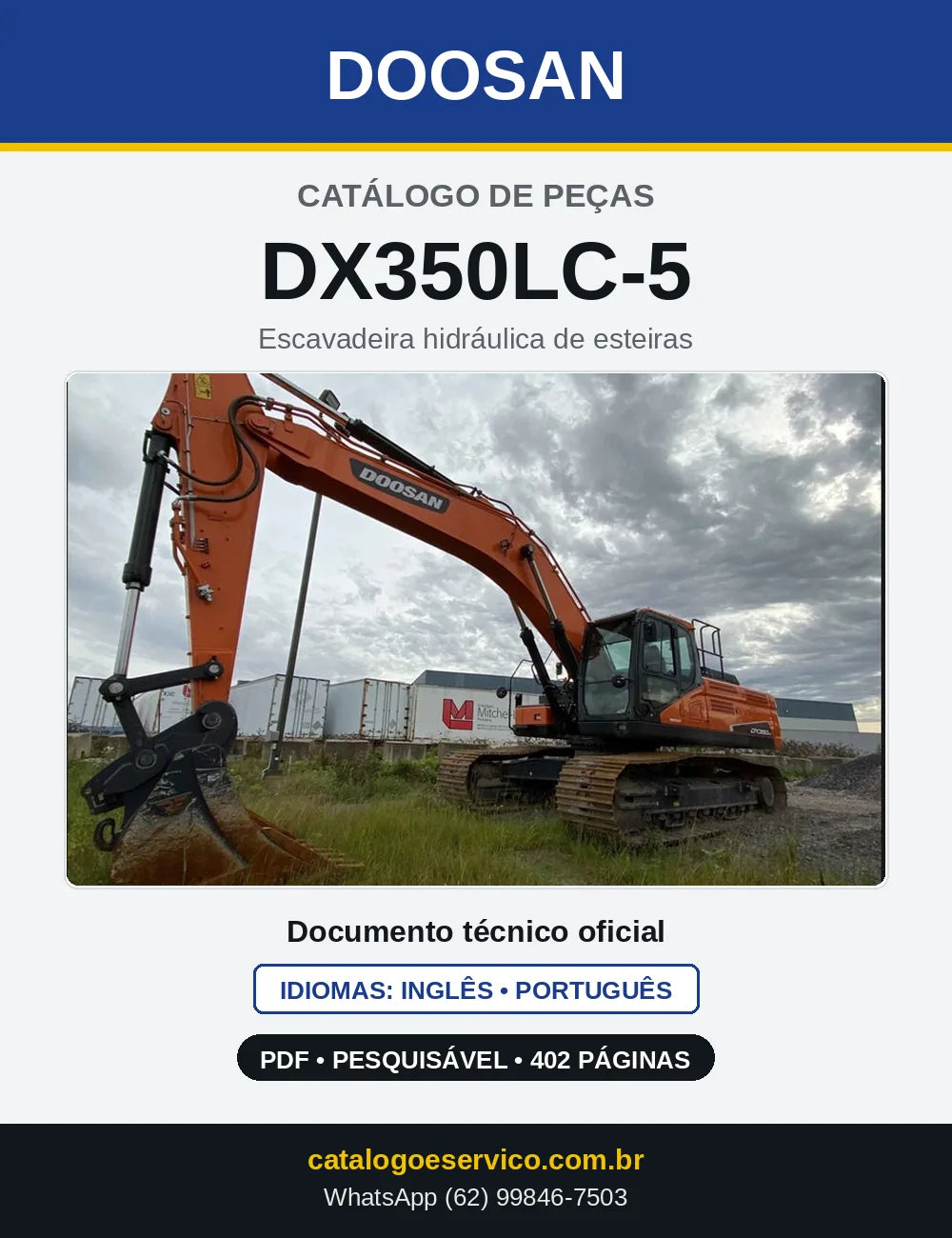 Capa do Catálogo de Peças Doosan DX350LC-5 em PDF, inglês e português