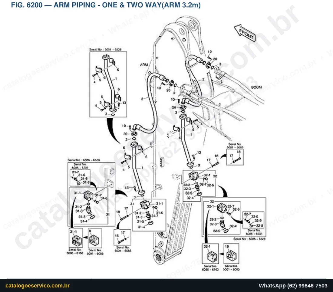 Vista explodida Arm Piping - One & Two Way(Arm 3.2M) - Catálogo de Peças Doosan DX350LC