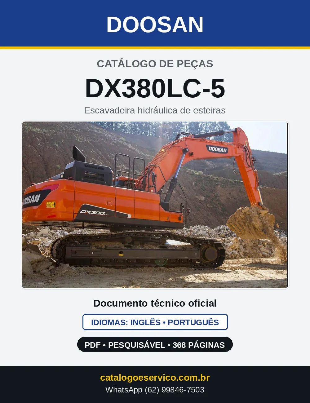 Capa do Catálogo de Peças Doosan DX380LC-5 em PDF, inglês e português